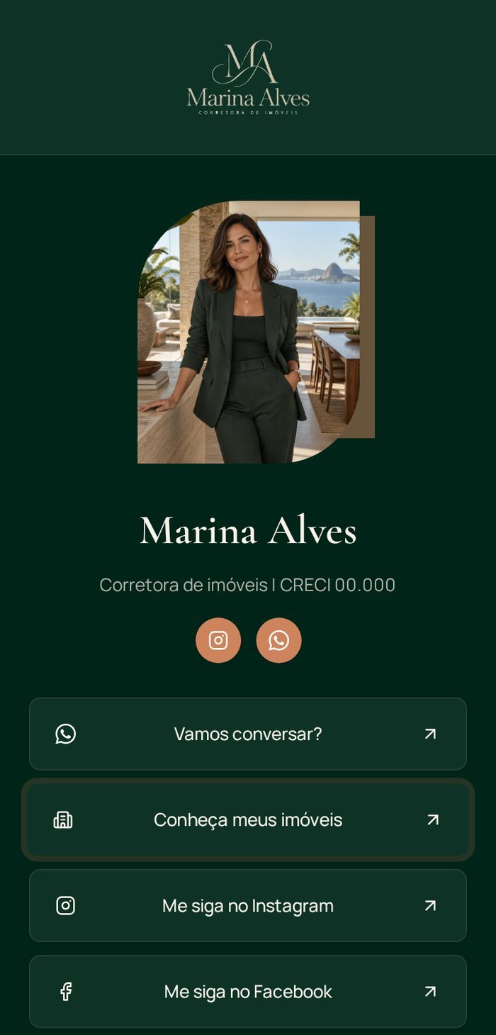 Cartão digital de corretora aberto no celular, com foto, nome e botões de contato