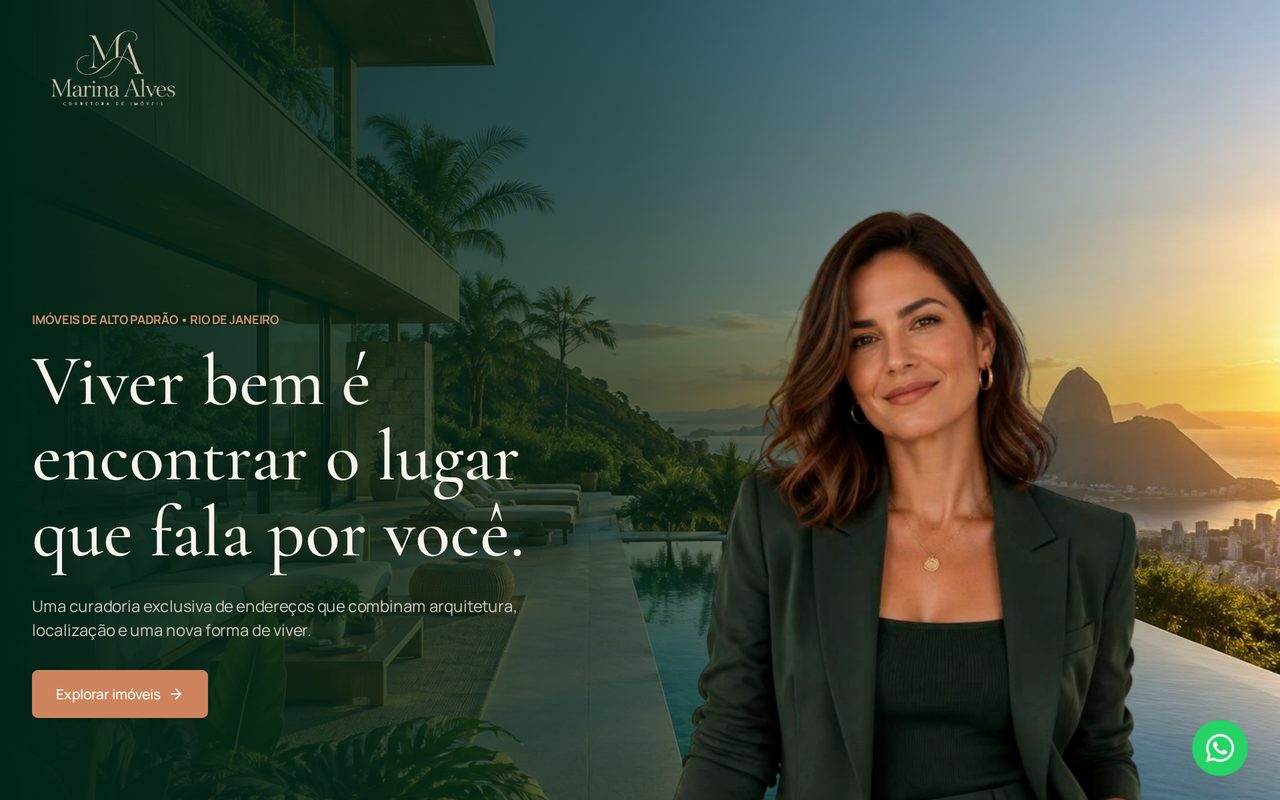 Landing de catálogo de imóveis com logotipo, título e foto da corretora